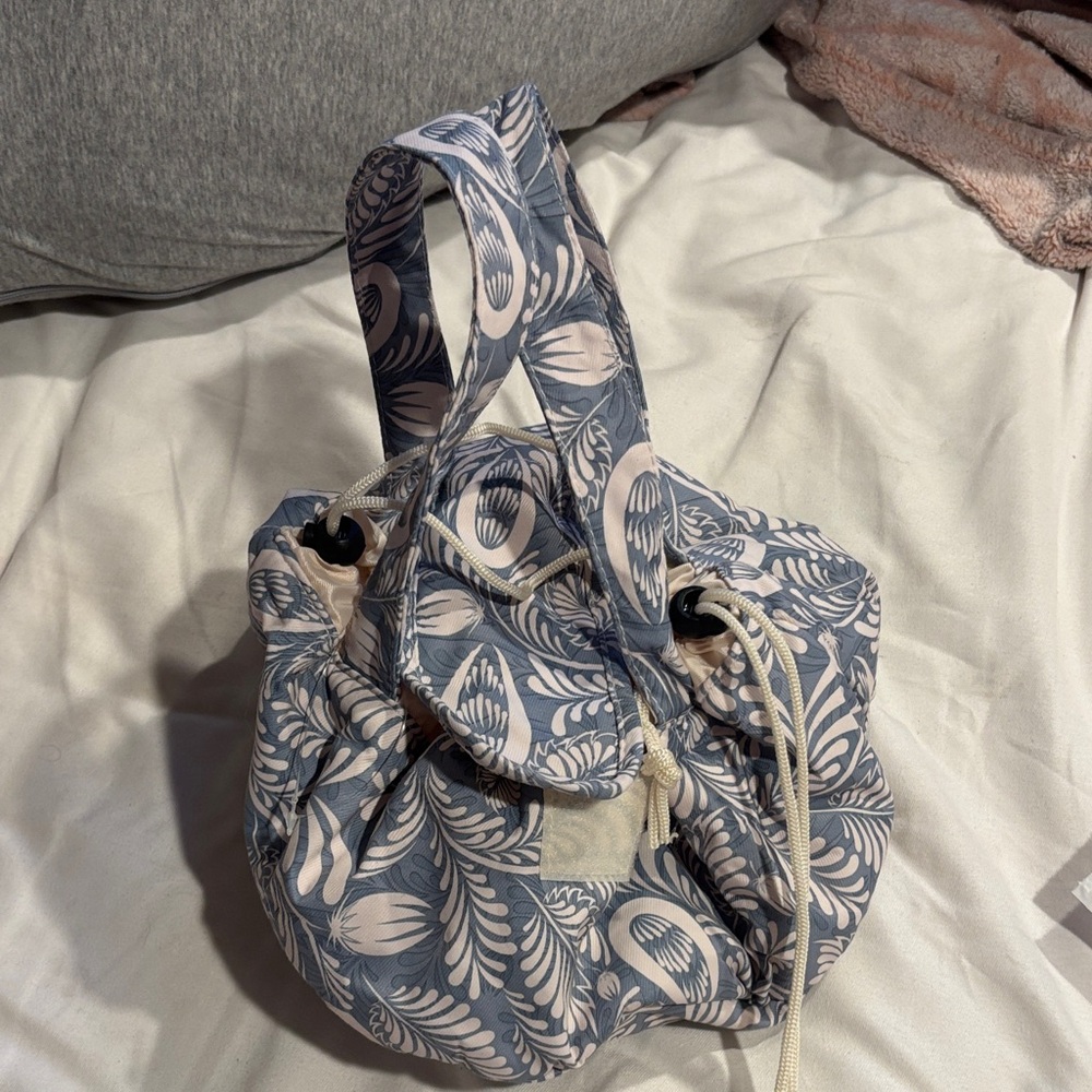 Blue and White Floral Drawstring Tote Bag - Women